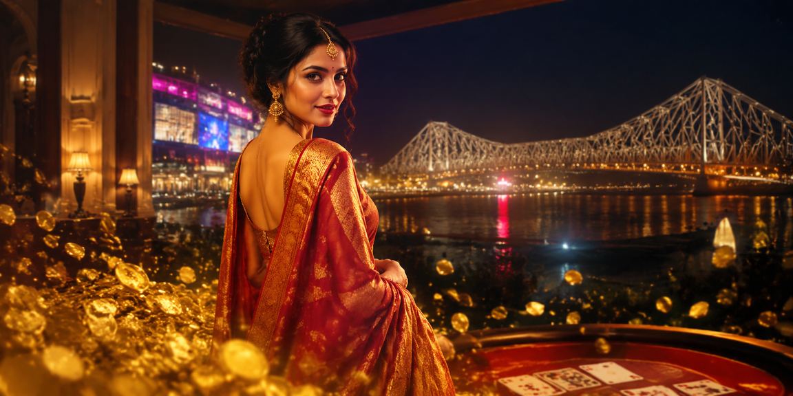 Indian woman enjoying slots game in traditional saree in Kolkata